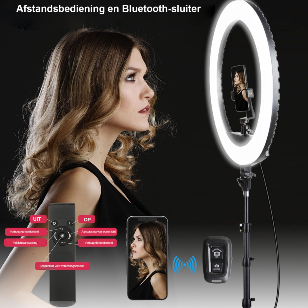 21 inch LED ringlamp met statief voor fotografie, vloggen en make-up, inclusief afstandsbediening en draagtas