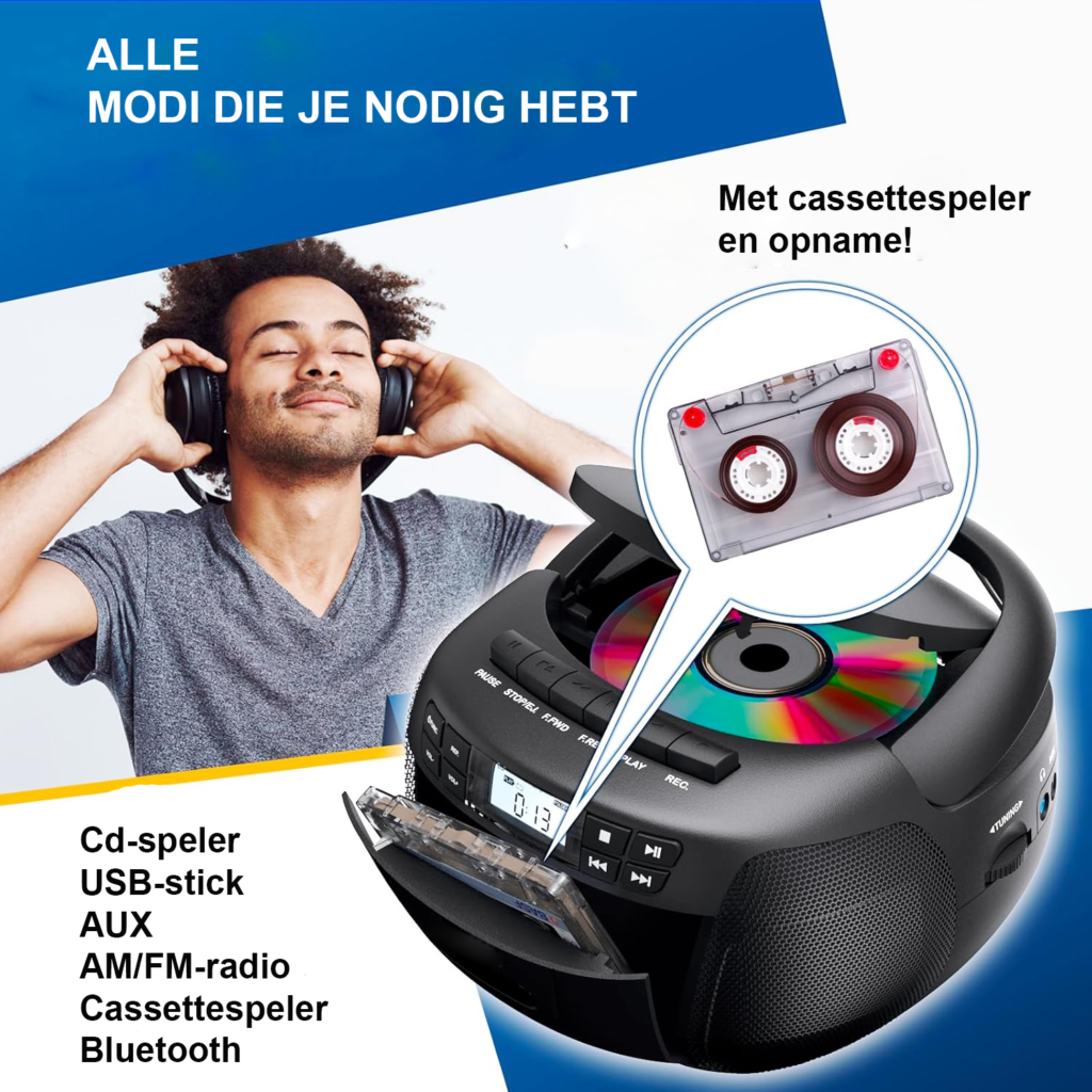 CD speler met cassette speler, AM/FM radio, Bluetooth, USB en AUX aansluiting