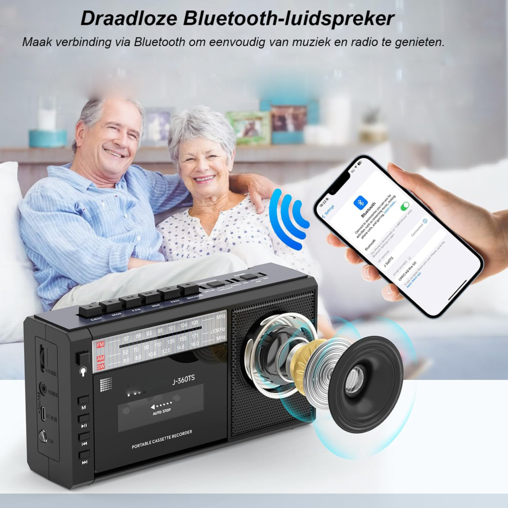 Draagbare cassette recorder met AM/SW/FM radio, Bluetooth speaker, zonnepaneel en LED-lamp