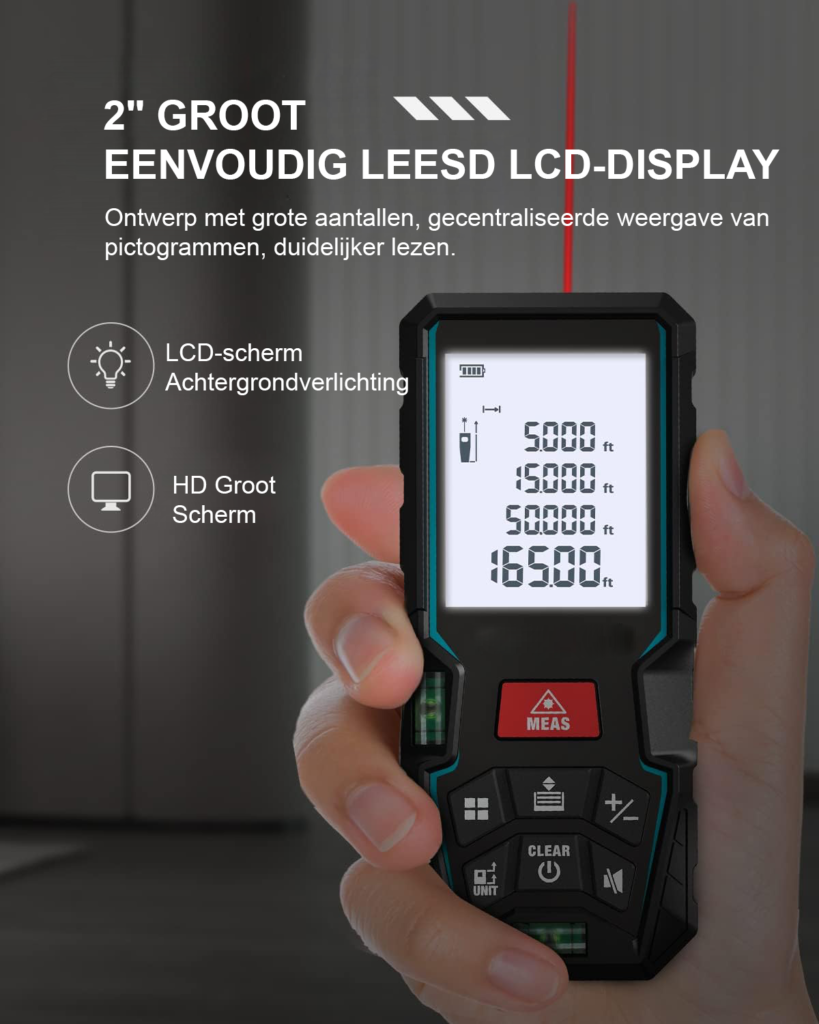 Laserafstandsmeter 50 m met LCD-scherm en 2 waterpasniveaus voor afstandsmetingen