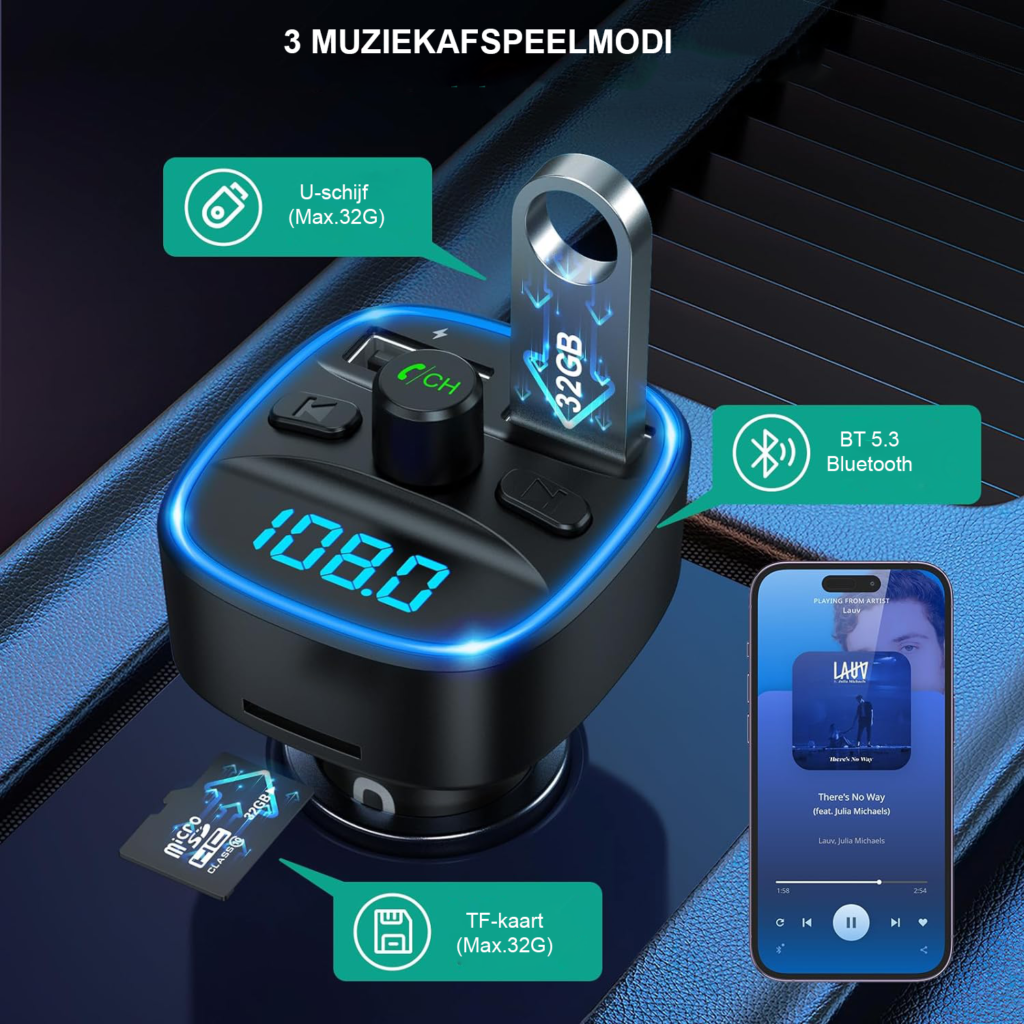 Bluetooth transmitter auto handsfree kit met microfoon, USB, AUX en TF-kaart