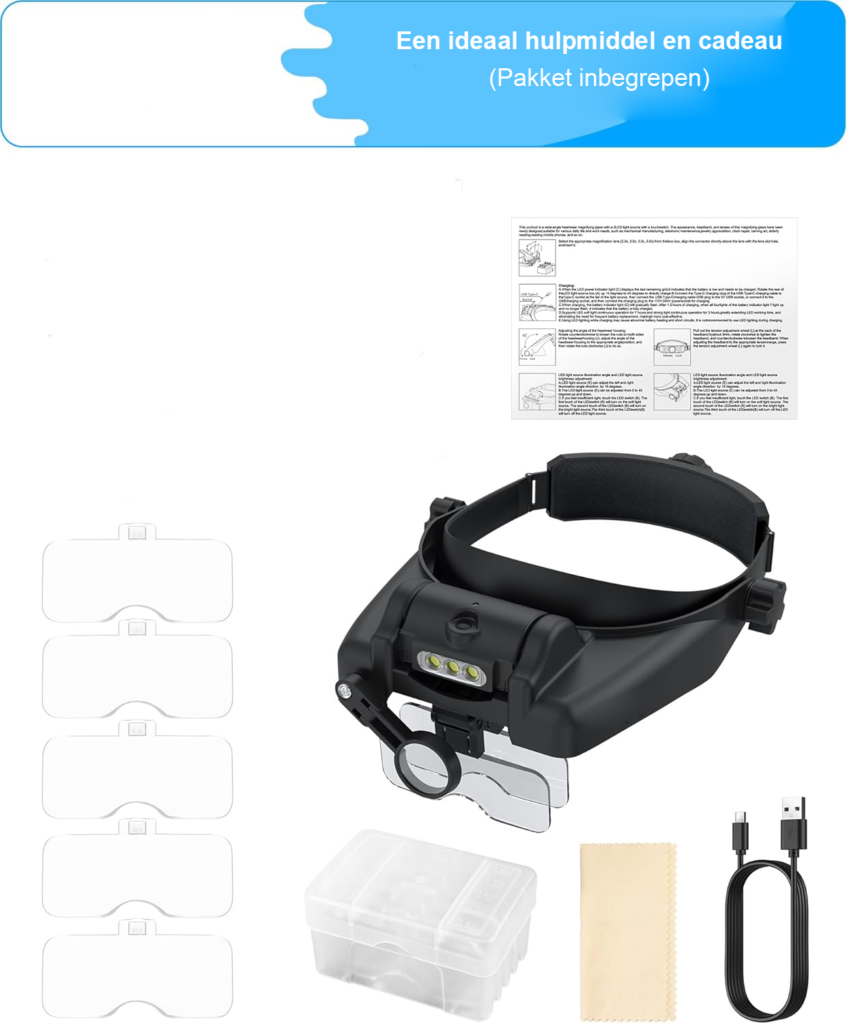 Hoofdband vergrootglas met LED verlichting, 1-14x vergroting en 5 lenzen voor horlogemakers, DIY en precisiewerk, oplaadbaar Type-C zwart