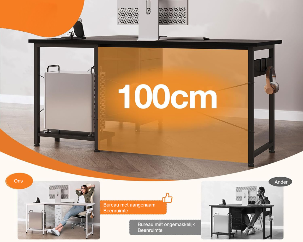 L-vormig bureau met lades, stopcontacten en USB-oplaadpoort, 135 x 100 cm, zwart
