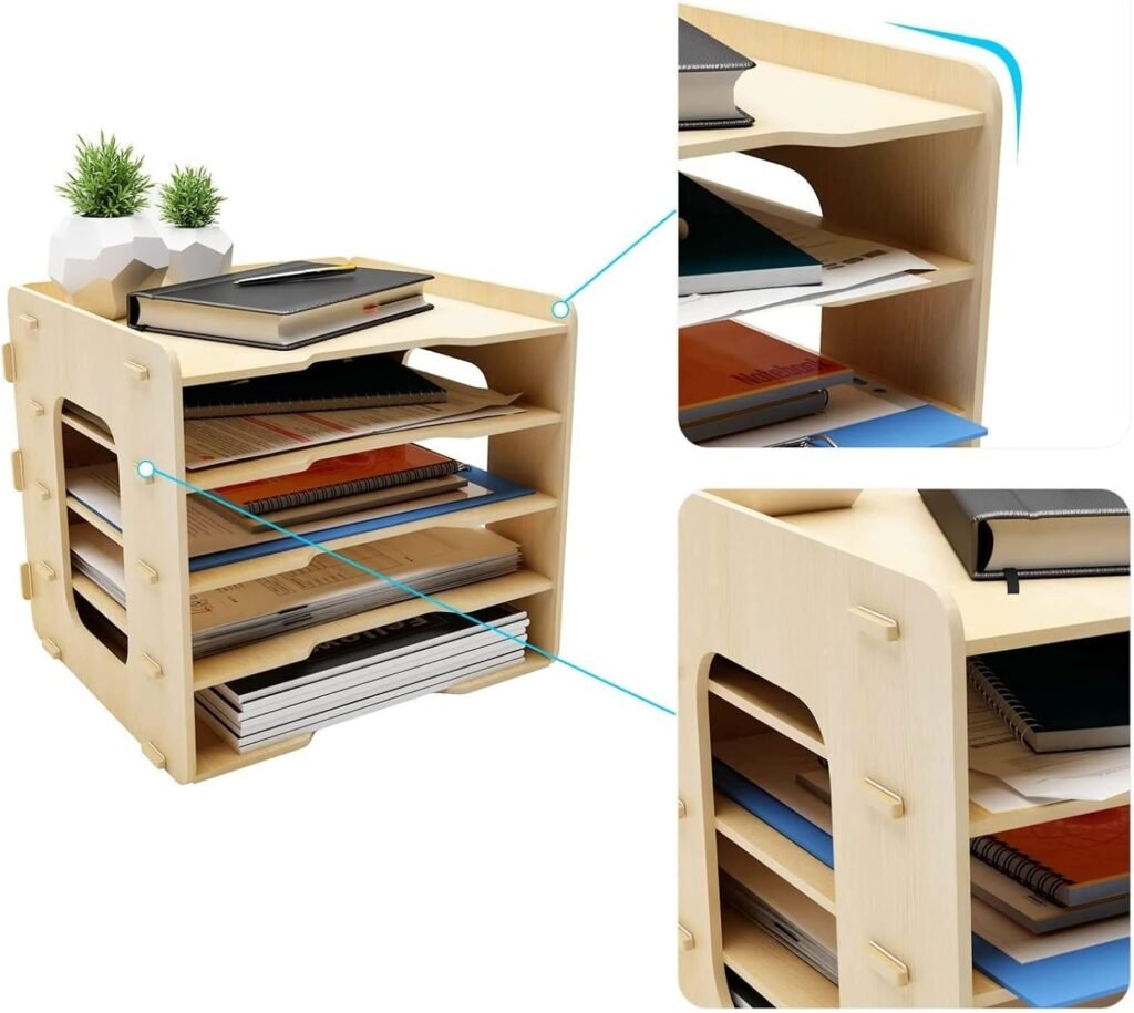 Houten bureau organizer met 5 niveaus - A4 documentenbak en mappenhouder voor kantoor, thuis en school