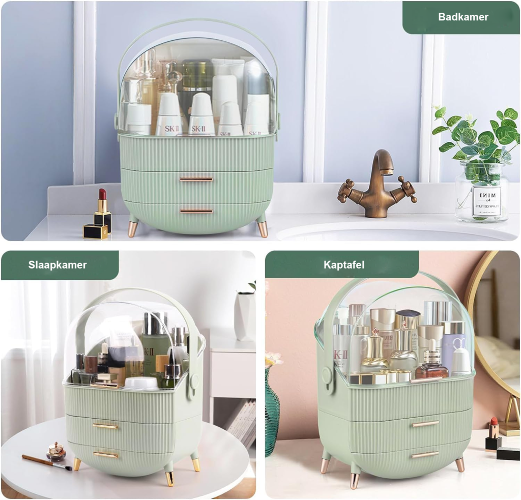 Mintgroene make-up organizer met deksel voor cosmetica en huidverzorging