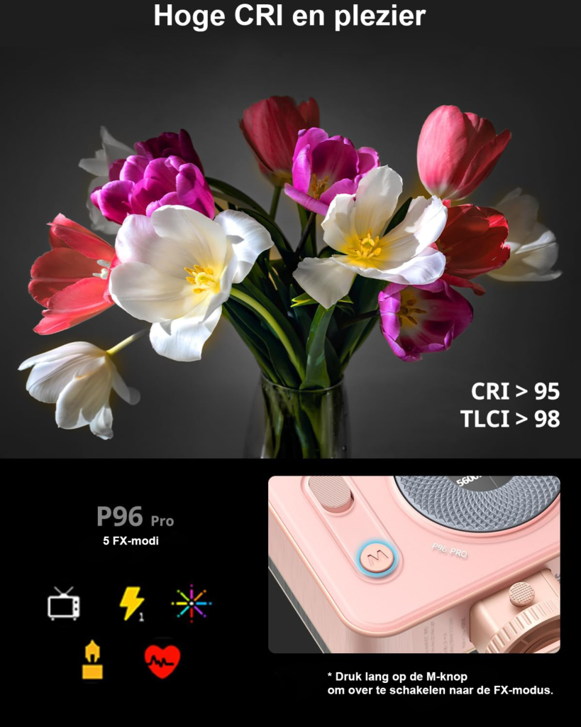Draagbare roze LED videolamp voor camera met koudschoenbevestiging, CRI 95+ en instelbare kleurtemperatuur