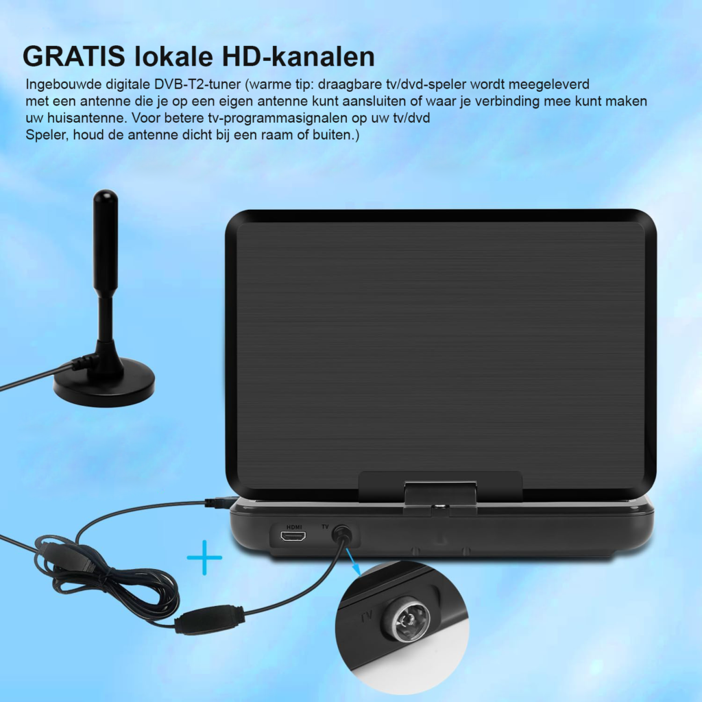Draagbare DVD-speler 10,1 inch met DVB-T2 TV, draaibaar LED-scherm en USB-, HDMI- en AV-aansluitingen