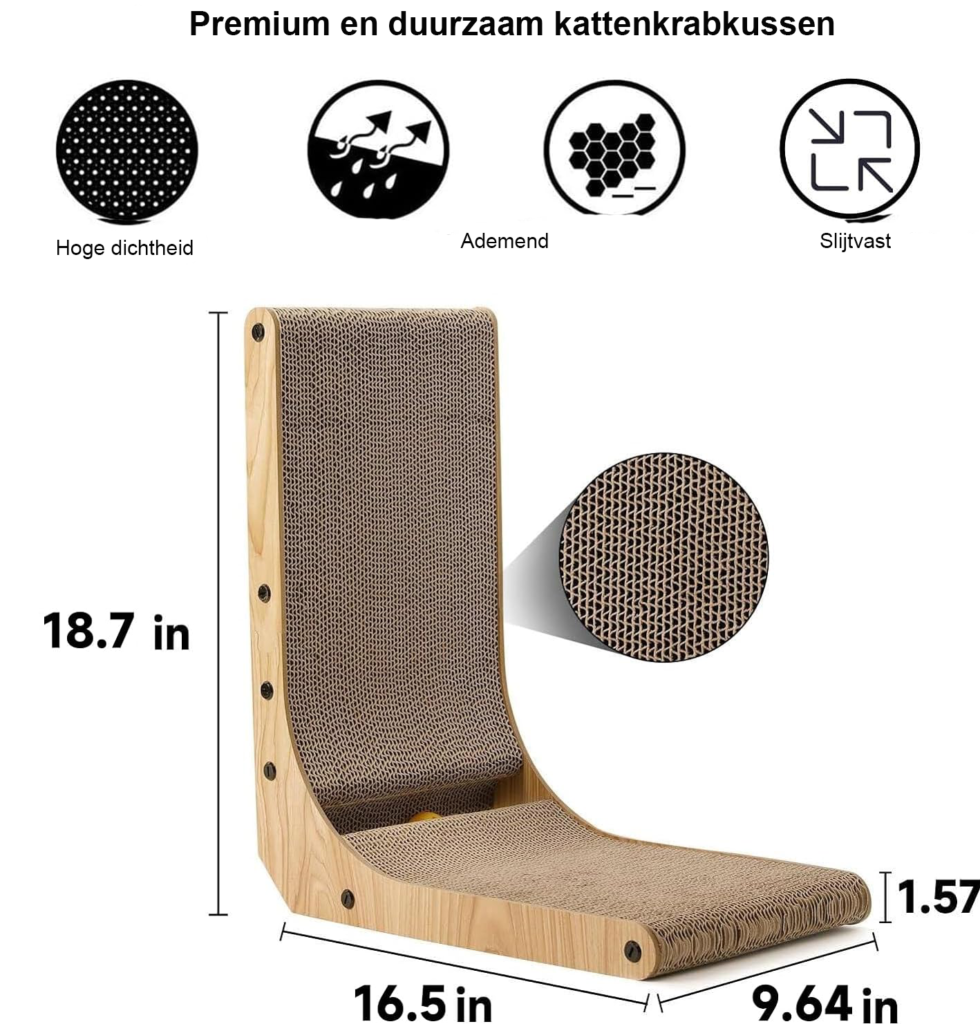 Kattenkrabmat L-vorm 42,5 cm met speelbal voor binnenkatten