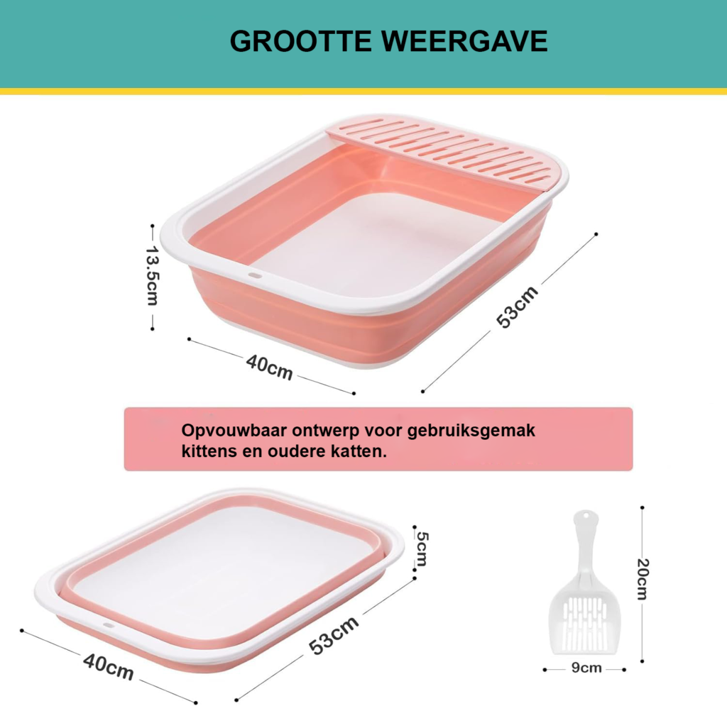 Lage open kattenbak met schep voor oudere katten, met eenvoudige toegang en zandopvang voor thuis of onderweg