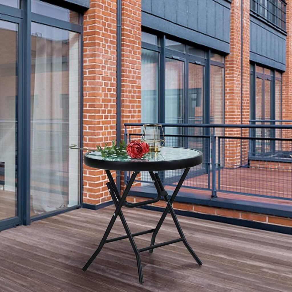 Ronde opvouwbare bijzettafel met glazen tafelblad en metalen frame voor balkon, tuin, terras en woonkamer