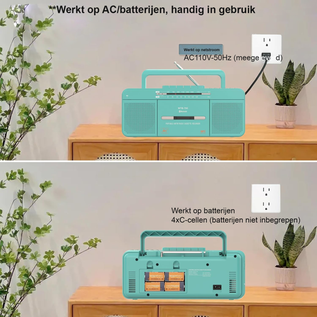 Retro cassettespeler met USB, Bluetooth, AM/FM-radio en cassette-naar-MP3-converter in groen