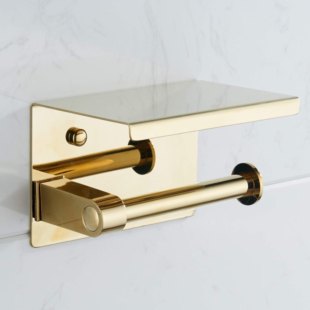 RVS toiletpapierhouder met plank en gouden afwerking voor wandmontage in de badkamer