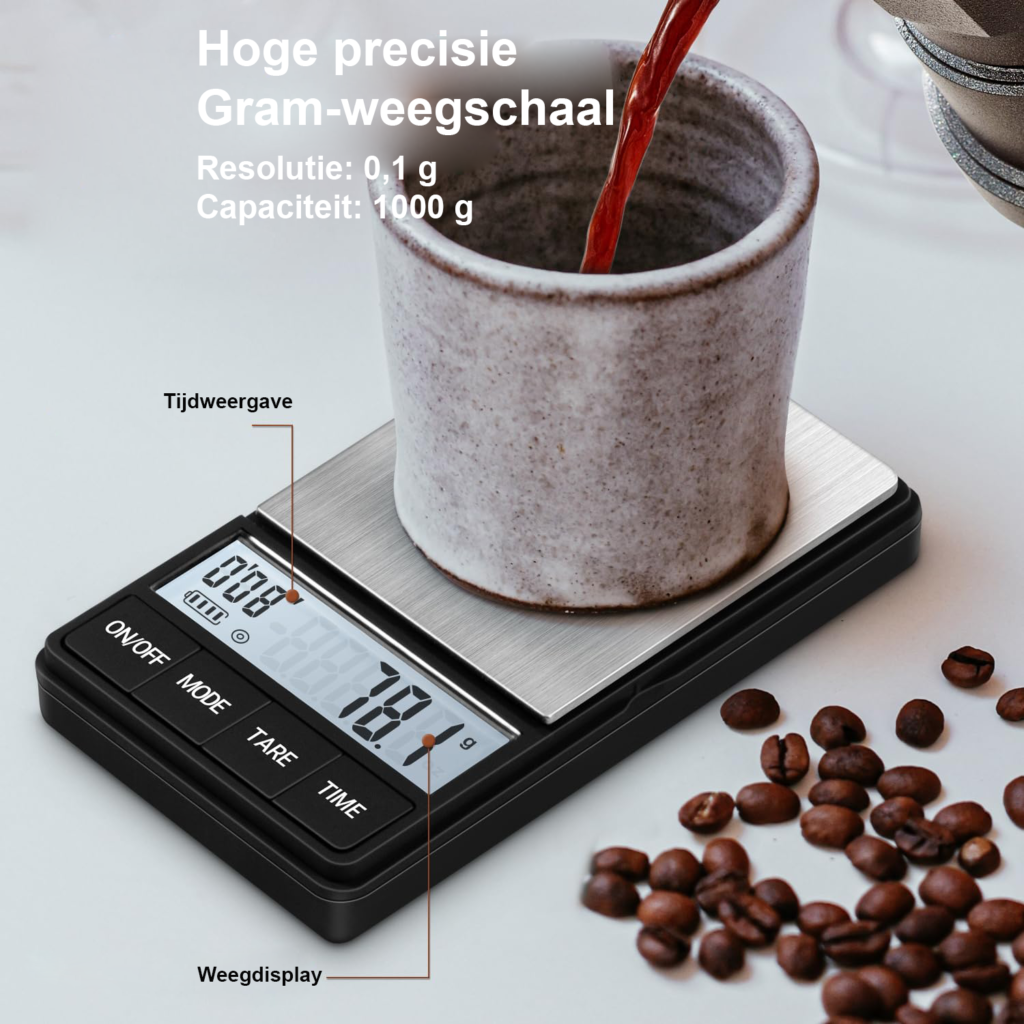 Digitale espresso weegschaal met timer, 0,1 g nauwkeurig, LCD-display en 1000 g capaciteit voor koffie en espresso