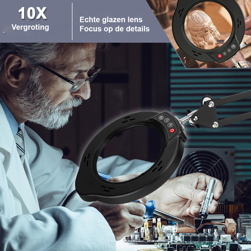 LED vergrootlamp 10x met klem, 5 kleurmodi en dimbare verlichting voor handwerk, reparaties en close-ups