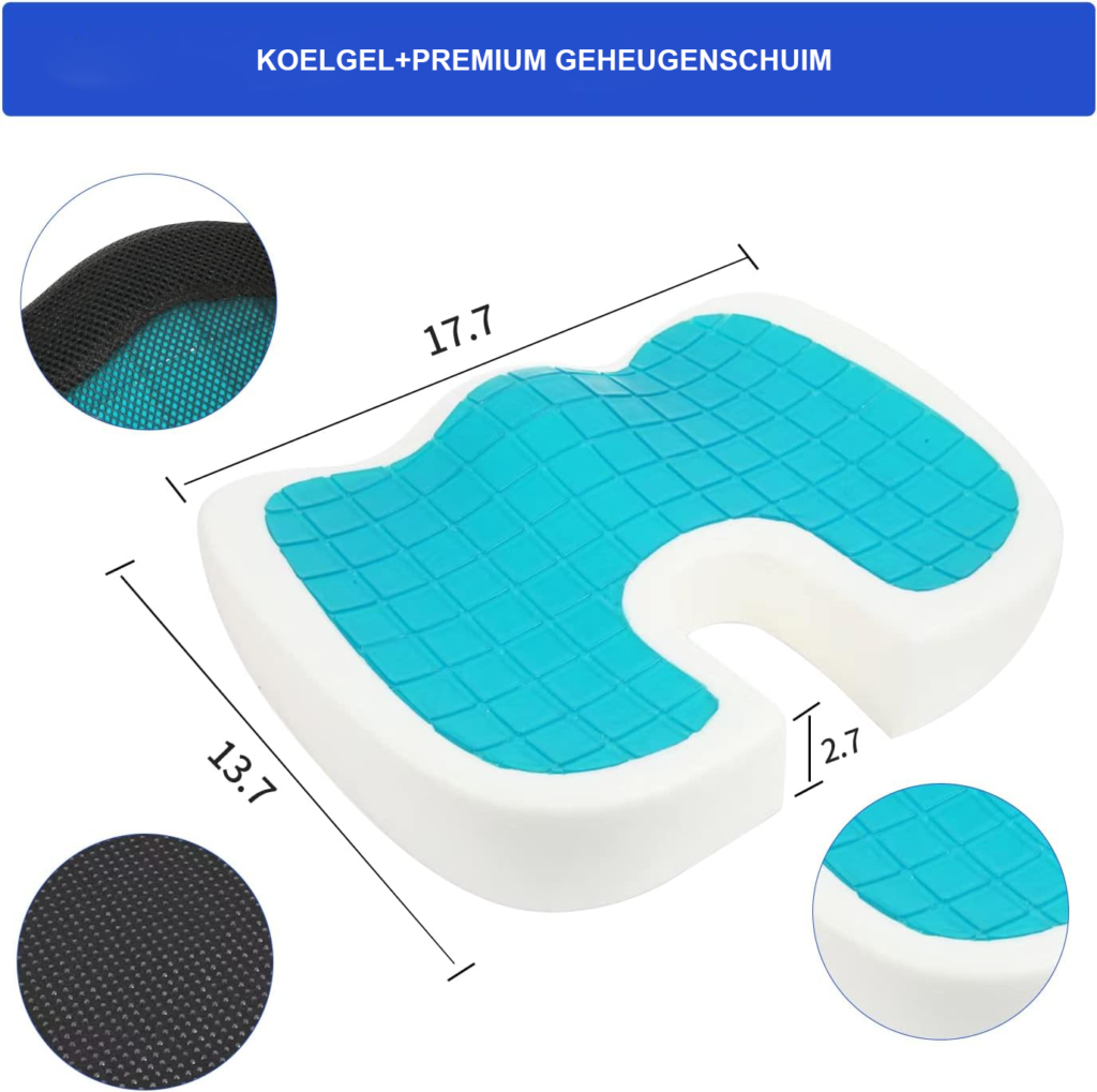 Ergonomisch memory foam zitkussen met koelgel voor bureaustoel en autostoel ter ondersteuning van stuit en rug