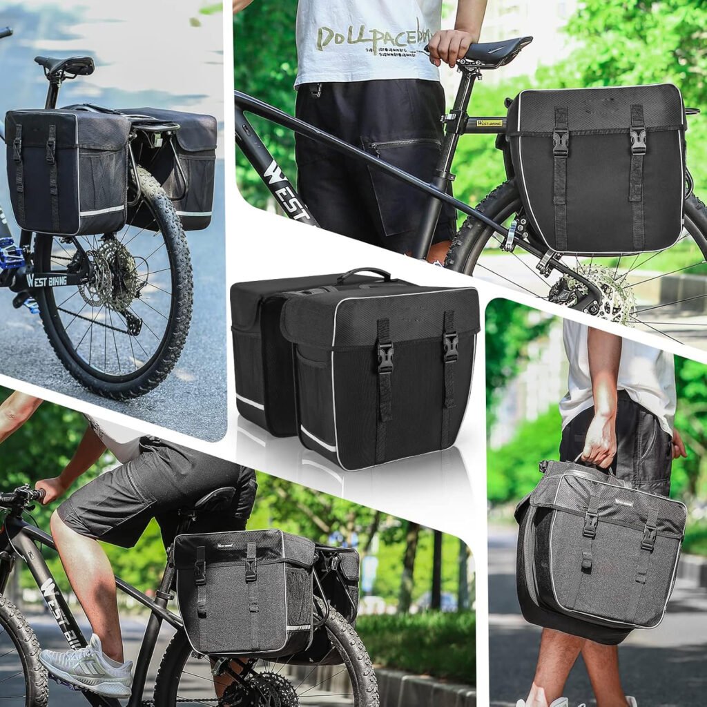 Dubbele fietstas 30 liter, waterdichte bagagetas met regenhoes en draagriem, scheurvast model voor pendelaars