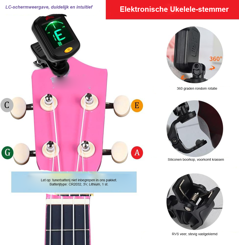 Sopraan ukulele beginners set 21 inch met draagtas en accessoires in roze rood