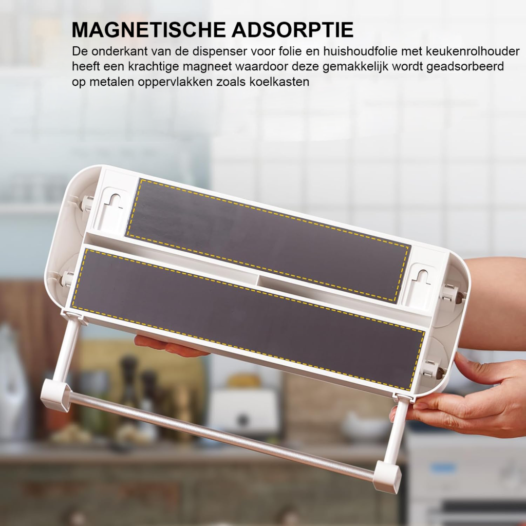 Houten vershoudfolie dispenser met magnetische aluminiumfoliehouder voor 3 rollen en scherp snijmes
