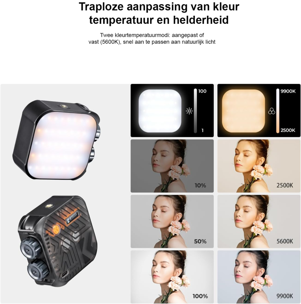 RGB videolamp met 60 LED’s, 360° full color, 21 lichteffecten en 2000mAh accu