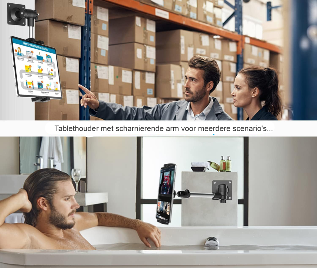 Tablet houder met verstelbare arm en muurbeugel voor iPad, Galaxy Tab, Fire Tablet en iPhone van 4 tot 12,9 inch