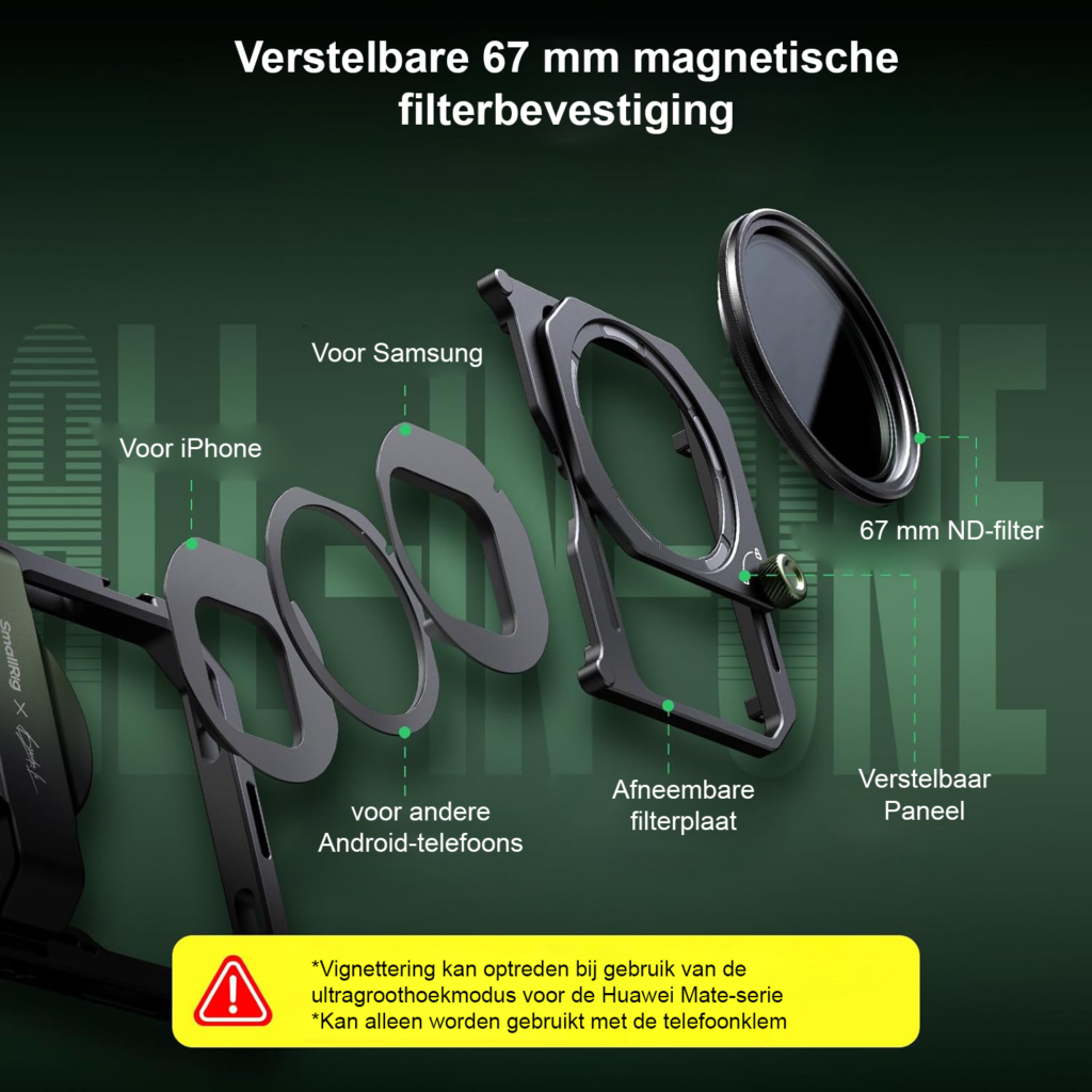 Universele aluminium video rig voor smartphone met quick release systeem en 67mm VND-filter voor iPhone, Samsung en Pixel