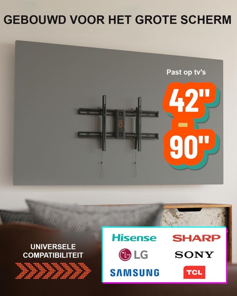 Vaste TV muurbeugel voor 42-80 inch televisies, 2,25 inch van de muur, met kabeltoegang en snelle installatie