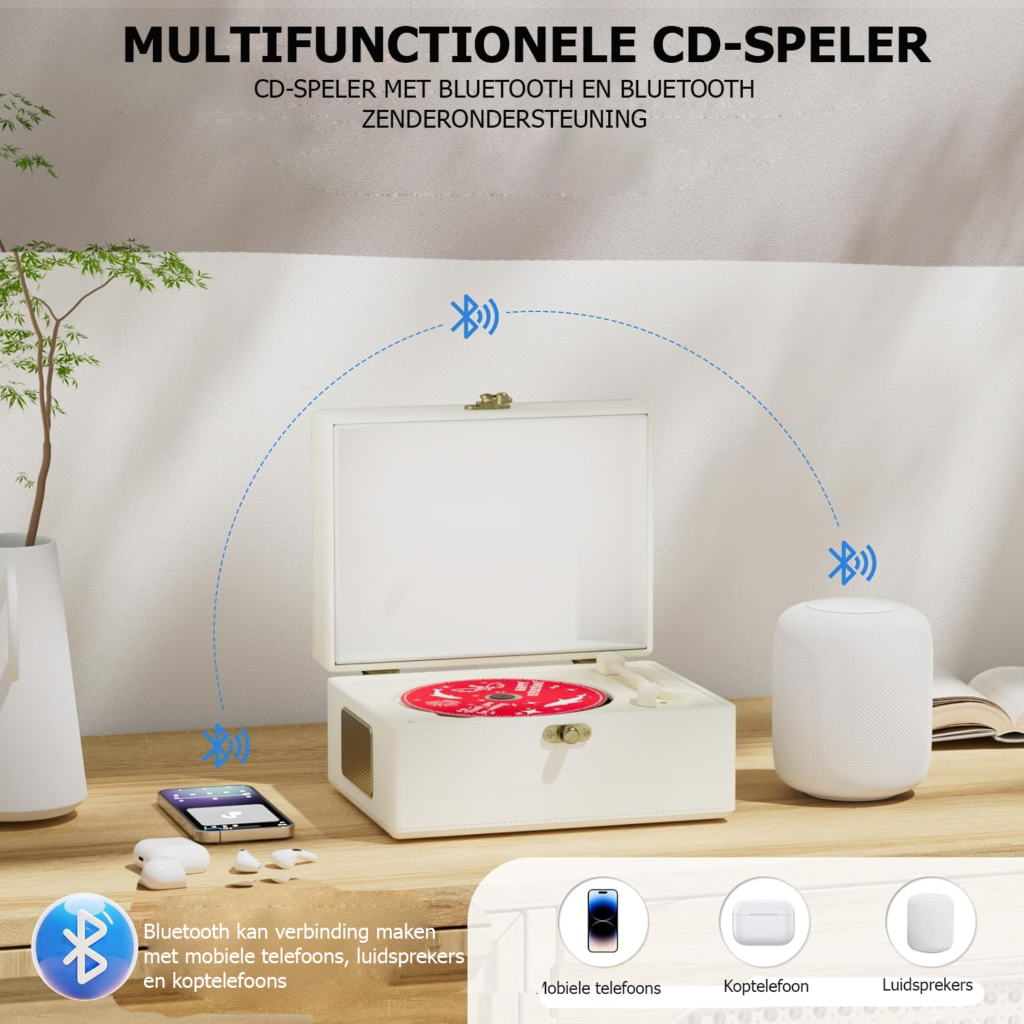 Draagbare oplaadbare lederen CD-speler met luidsprekers en Bluetooth-zender voor thuisgebruik en onderweg