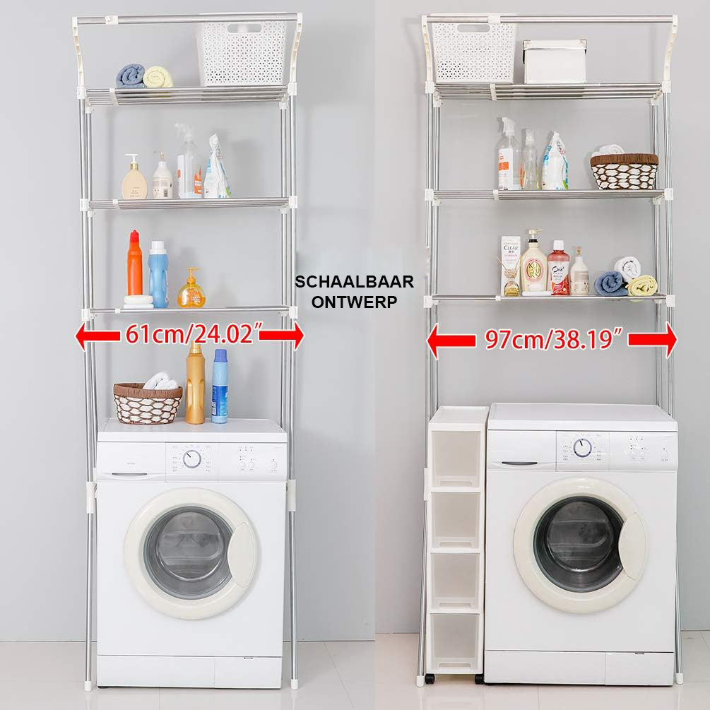 Boven wasmachine rek met 3 lagen, verstelbare breedte en ophangstang, 61-97 x 49,5 x 210 cm