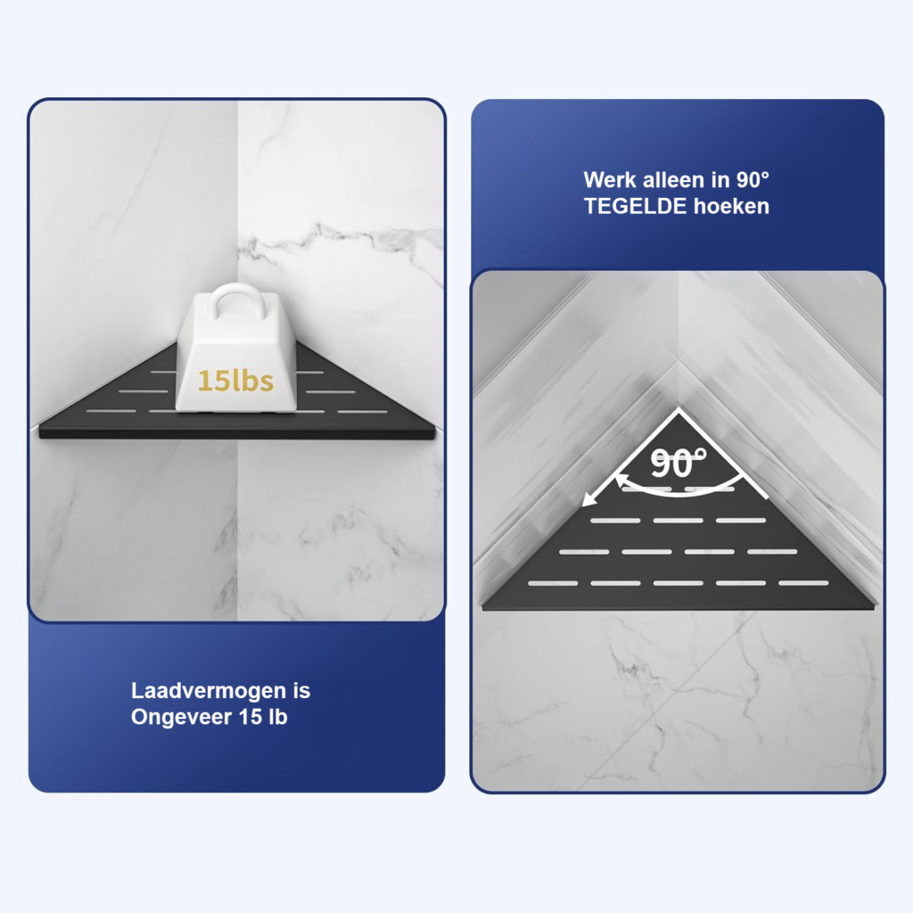 Hoek doucheplank set 2 stuks zwart mat RVS 304 zelfklevend zonder boren