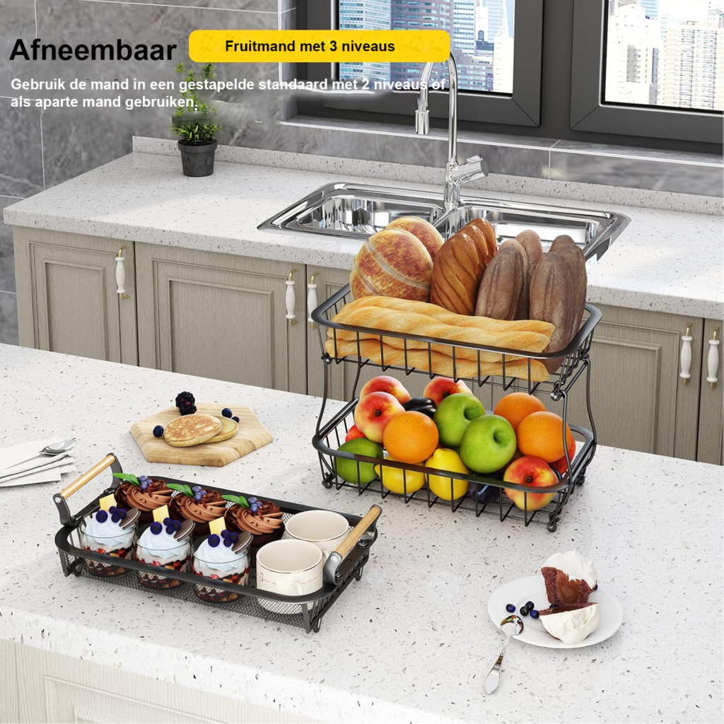 Zwarte 3-laagse fruitmand met 2 bananenhangertjes en metalen mesh mand
