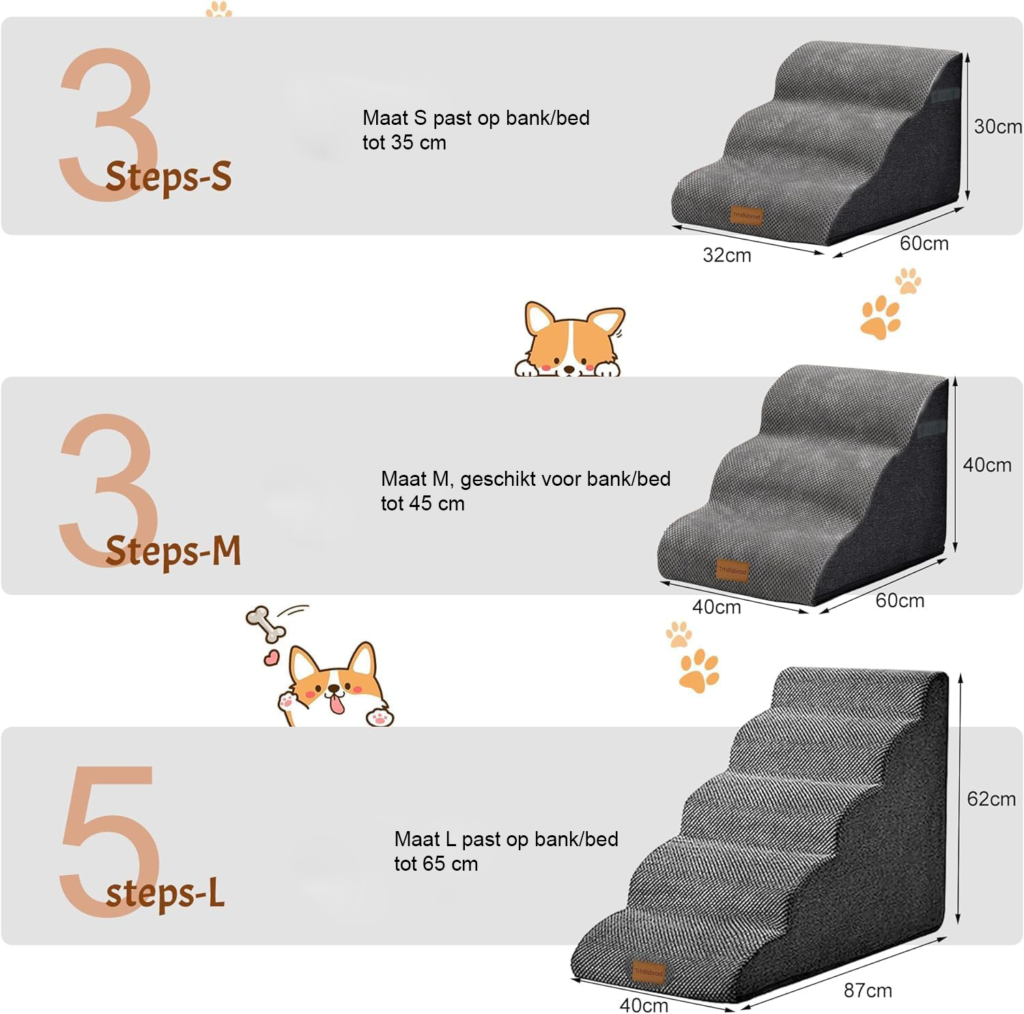 Hondentrap met 3 treden voor kleine honden, 30 cm hoog, met antislip onderkant en wasbare hoes