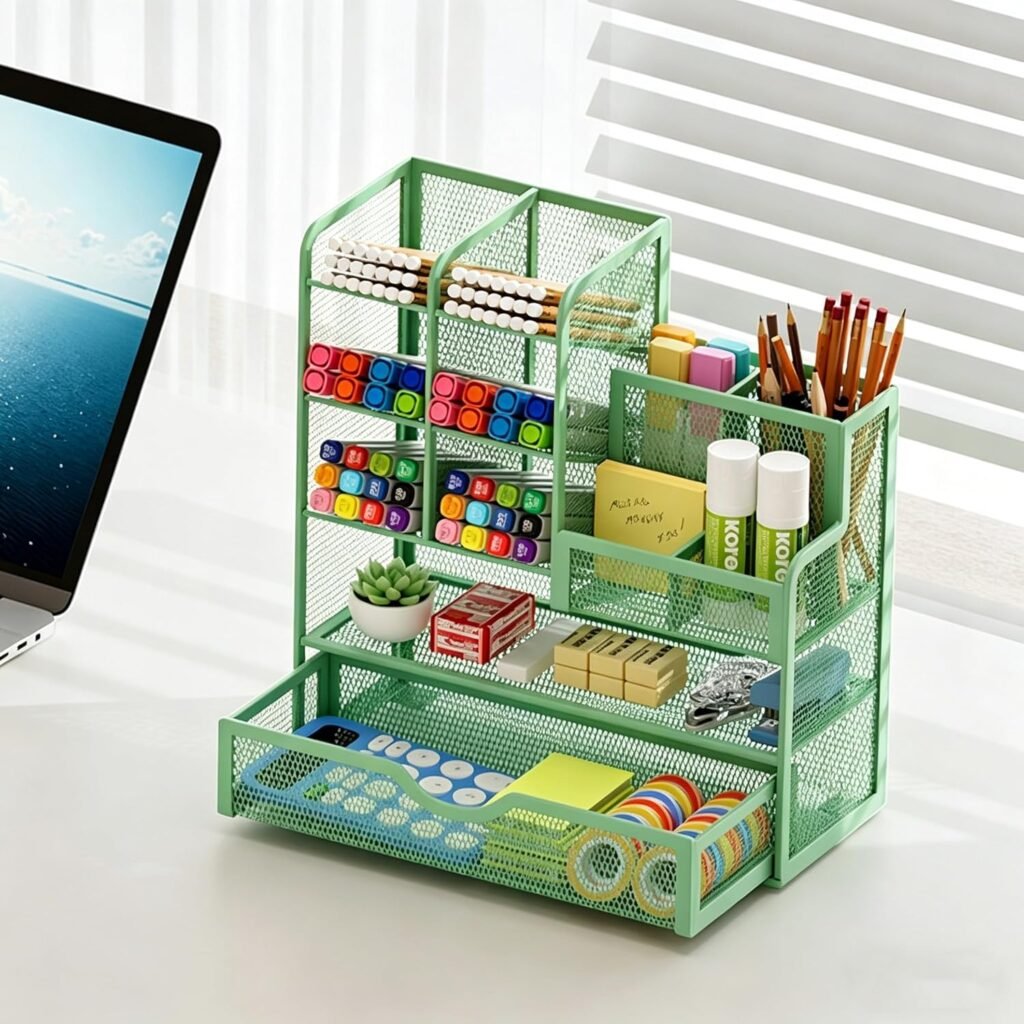 Groene metalen bureau organizer met pennenhouder, lade en opbergvakken voor thuis en kantoor