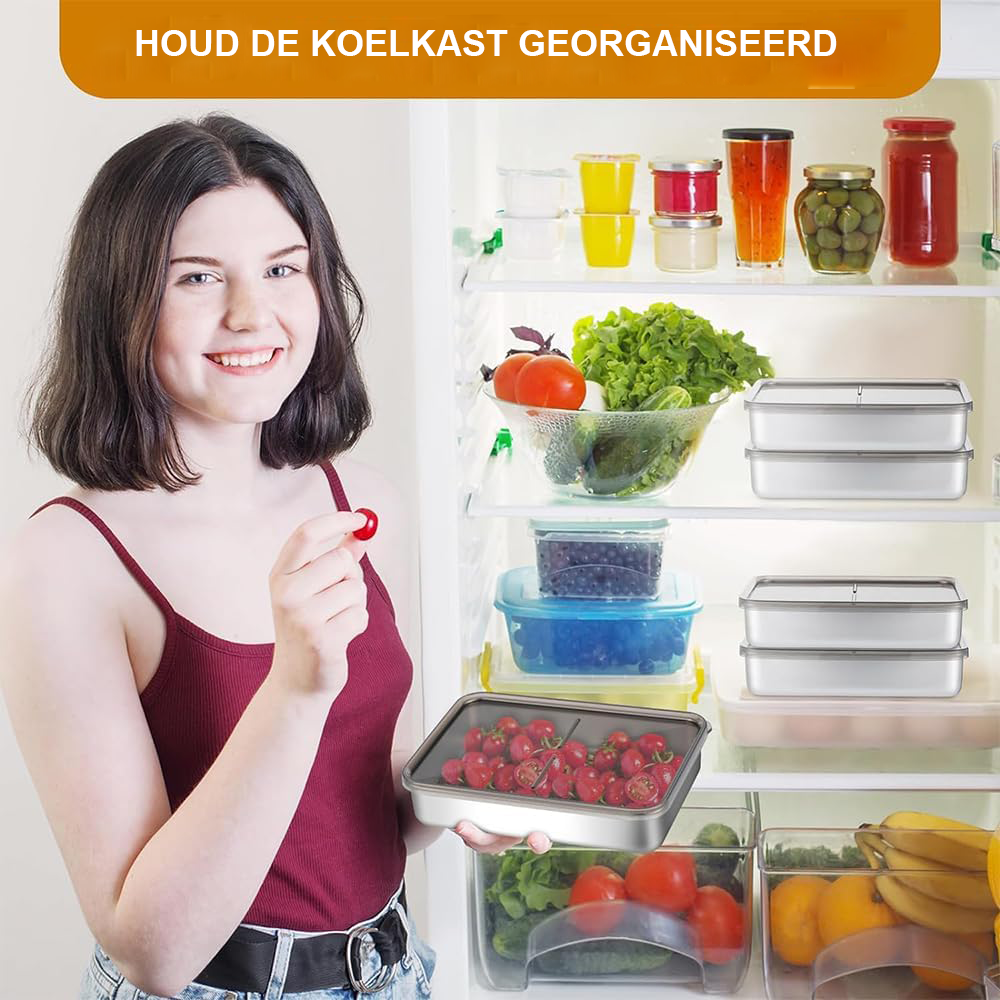 Set van 4 vleesdozen voor koelkast met luchtdichte deksels voor vlees, kaas en fruit opslag