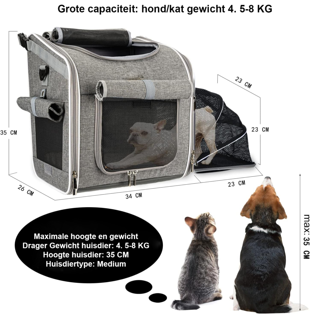 Grijze uitvouwbare hondenfietsmand met zachte zijkanten en 4 open zijdes voor kleine honden, katten en puppy’s