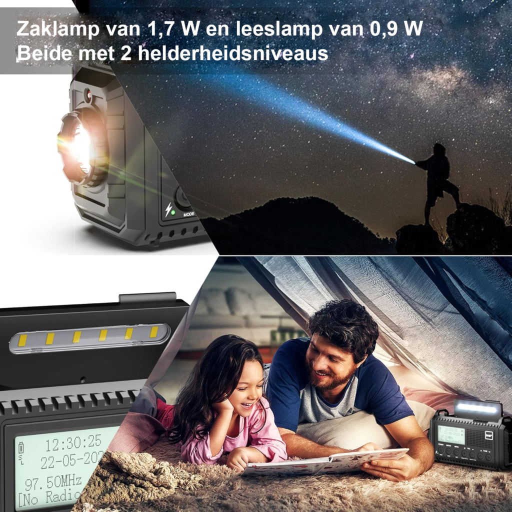 Draagbare DAB+ FM noodradio met 5000mAh batterij, solar opladen, LED zaklamp, leeslamp, SOS alarm en powerbank, IPX4 waterbestendig