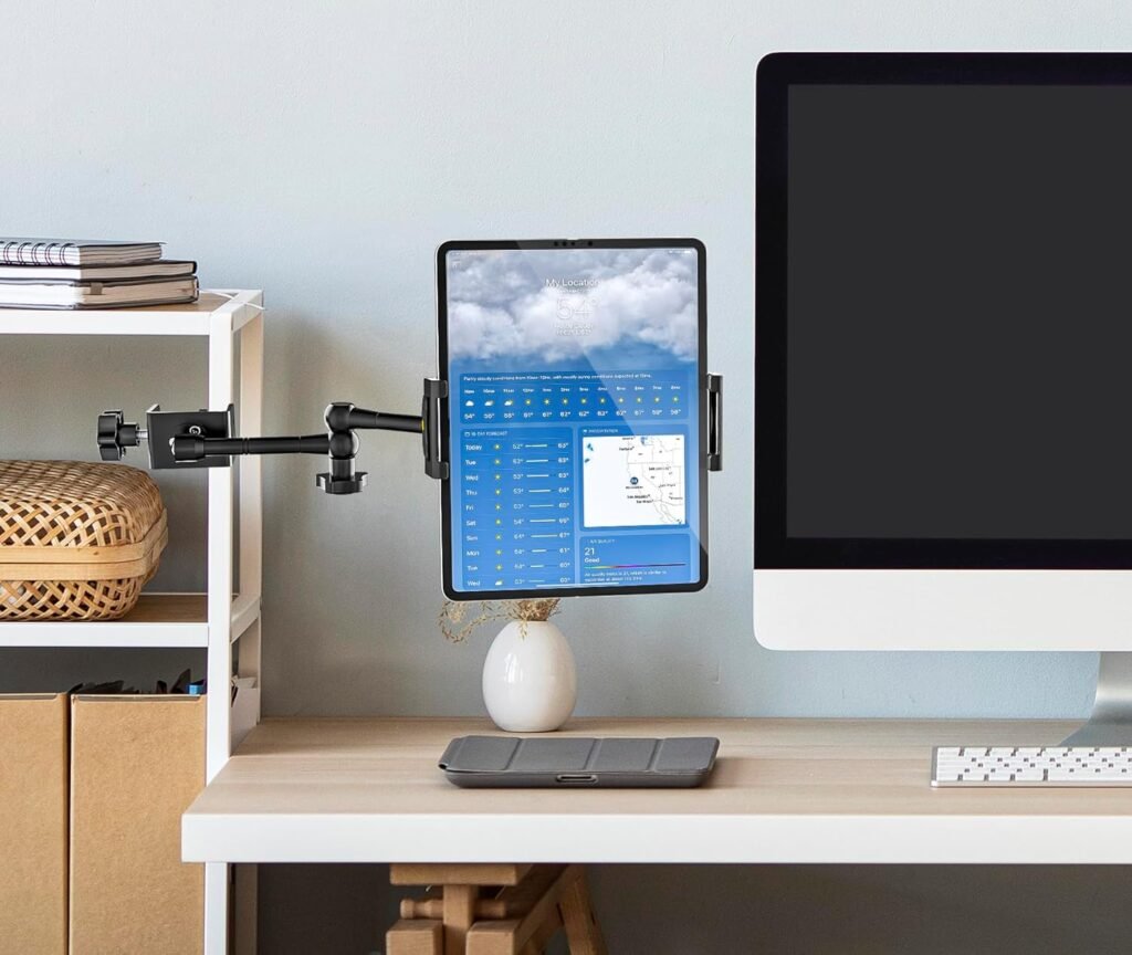 Tablet houder met klem, verstelbare metalen arm voor bureau en keukenkast, geschikt voor tablets van 6 tot 14,6 inch