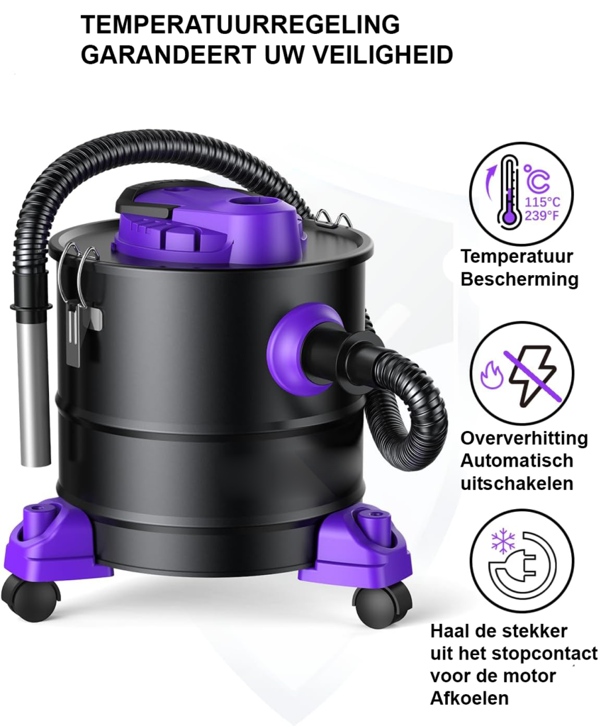 Paarse asstofzuiger van 20 liter en 1200W met rolbasis voor haard, pelletgrill, oven en kachel