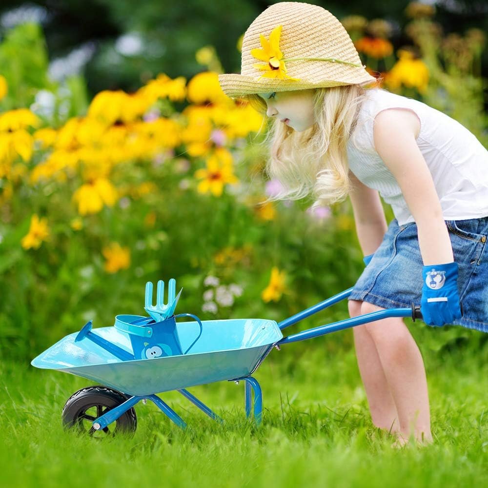 Kinderkruiwagen metaal blauw – 5-delige tuinset met schep, hark, vork en tuinhandschoenen