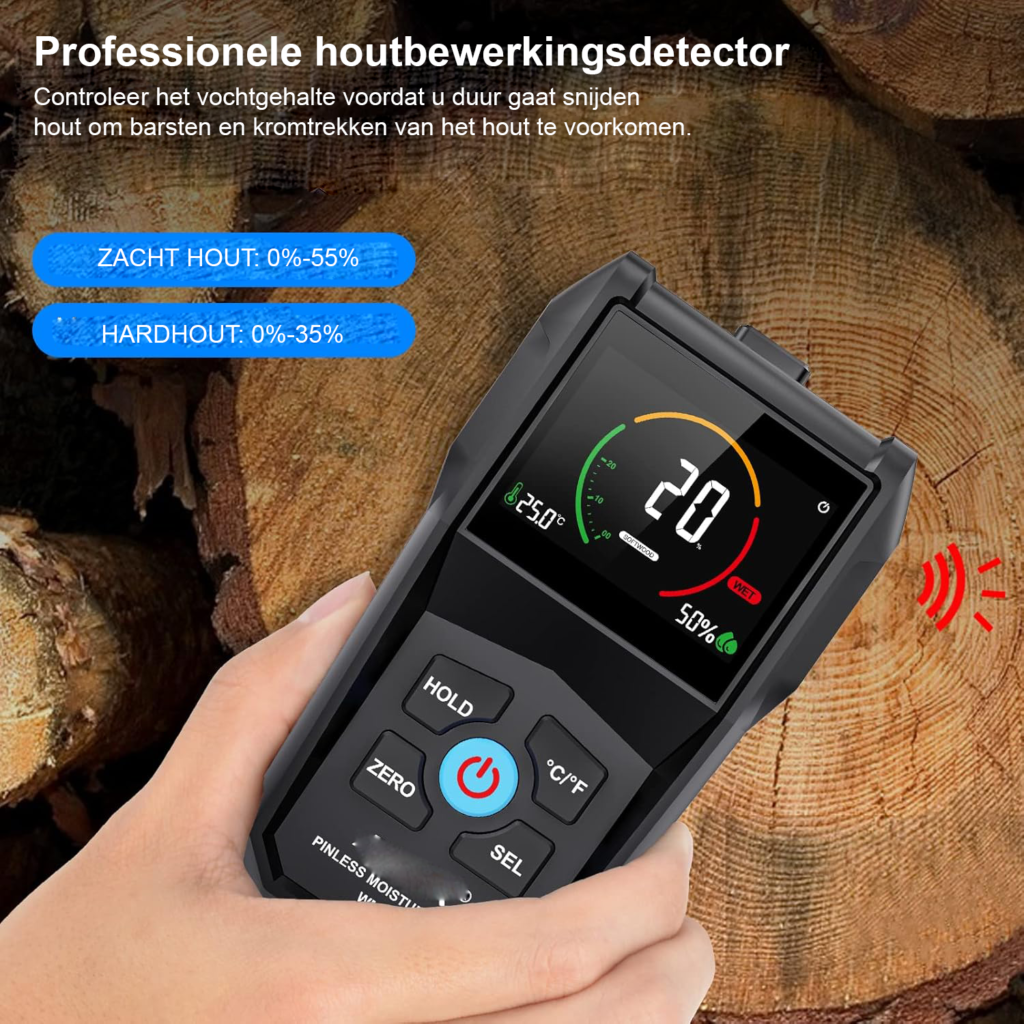 Digitale vochtmeter voor hout, muren en bouwmaterialen met LCD-scherm en geluidsalarm