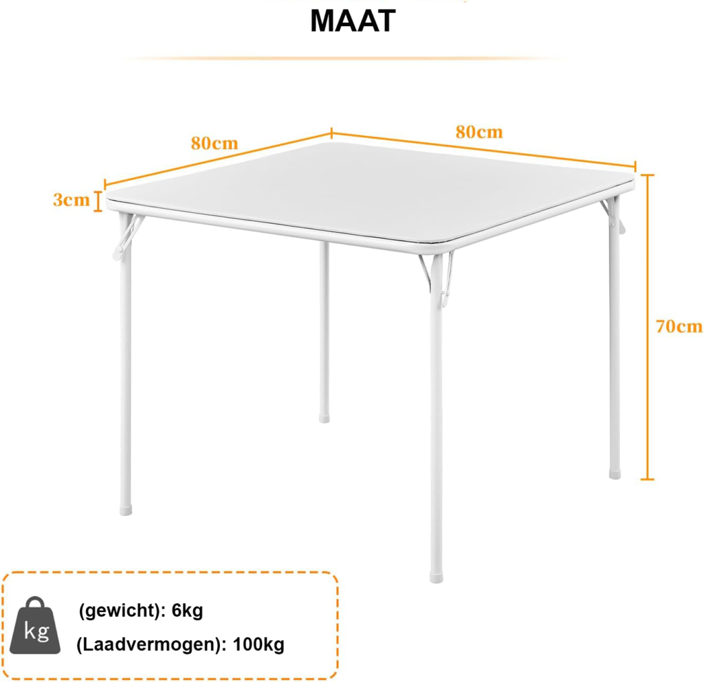 Witte vouwtafel voor camping, tuin, balkon en eetkamer, opvouwbaar, 80 x 80 x 70 cm