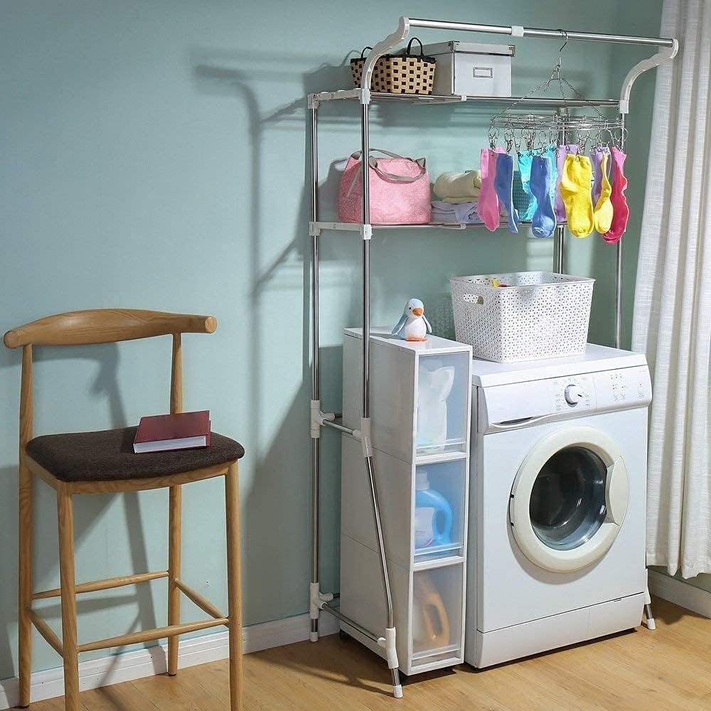 Opbergplank boven wasmachine met 2 planken, hangstang en verstelbare breedte in ivoor