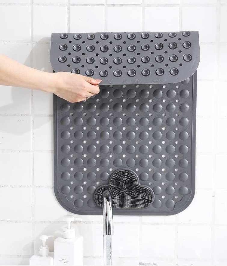 Douchemat antislip met zuignappen grijs 70x40 cm, wasbare massage badmat voor badkamer en douchevloer