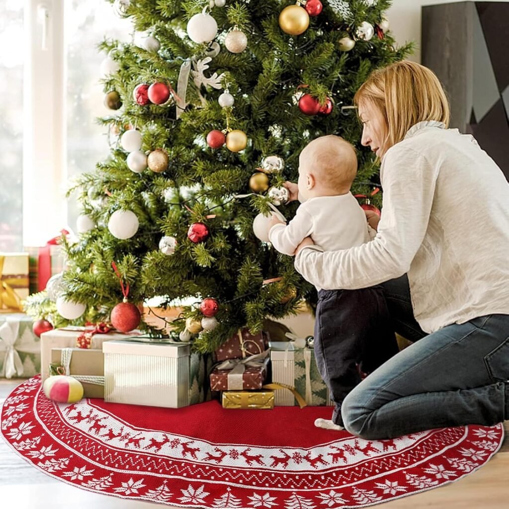 Gebreide rode kerstboomrok 122 cm met rendieren en sneeuwvlokken, decoratief kerstboomkleed voor kerst- en nieuwjaarsdecoratie