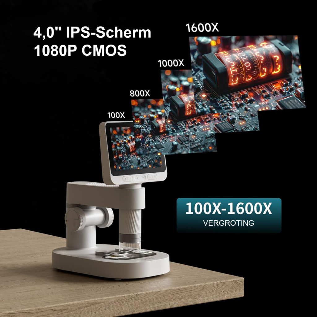 Digitale microscoop 1600x met 1080p HD, 4 inch IPS-scherm en 8 verstelbare LED-lichten