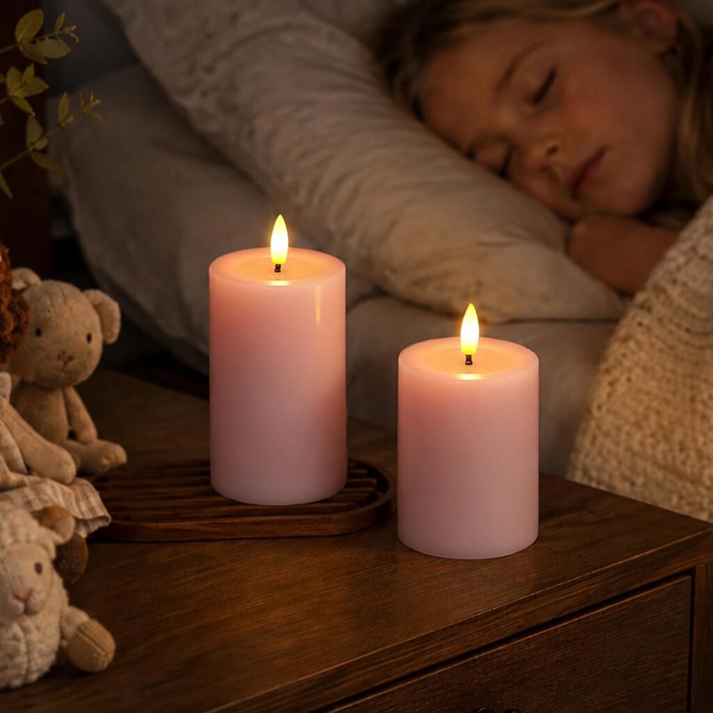 Roze LED stompkaarsen van echte wax met timer en afstandsbediening, 3 stuks met flikkerende vlam