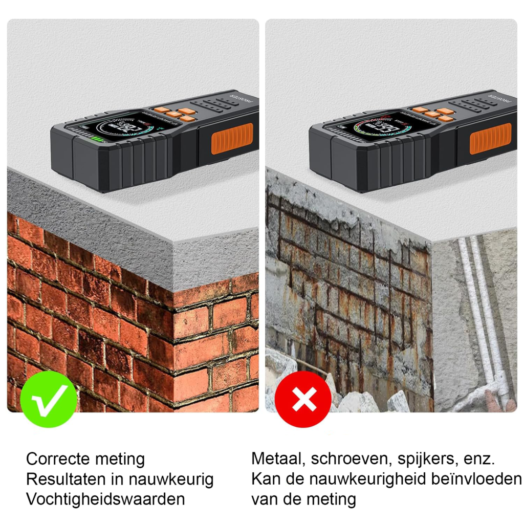 Vochtmeter zonder pin met LCD scherm voor niet-destructieve vochtmeting tot 19 mm diep in muren, hout, metselwerk en gipsplaat