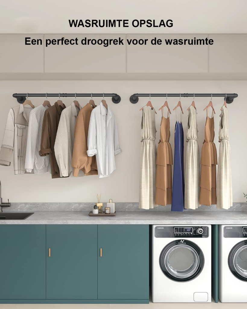 Industriële zwarte kledingstang voor muurbevestiging met verwijderbare hangers