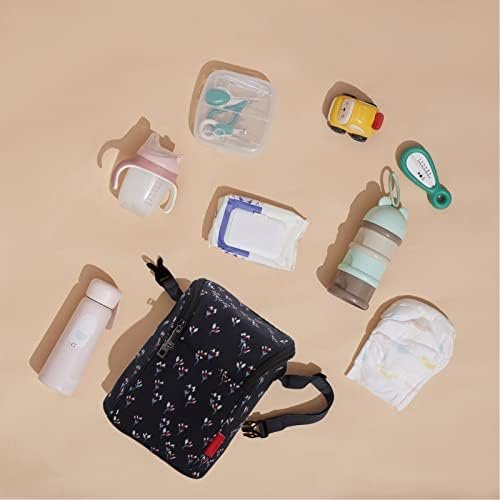 Thermische babyfles tas met isolerende fleshouder, waterdichte nylon opbergtas, bloemen zwart