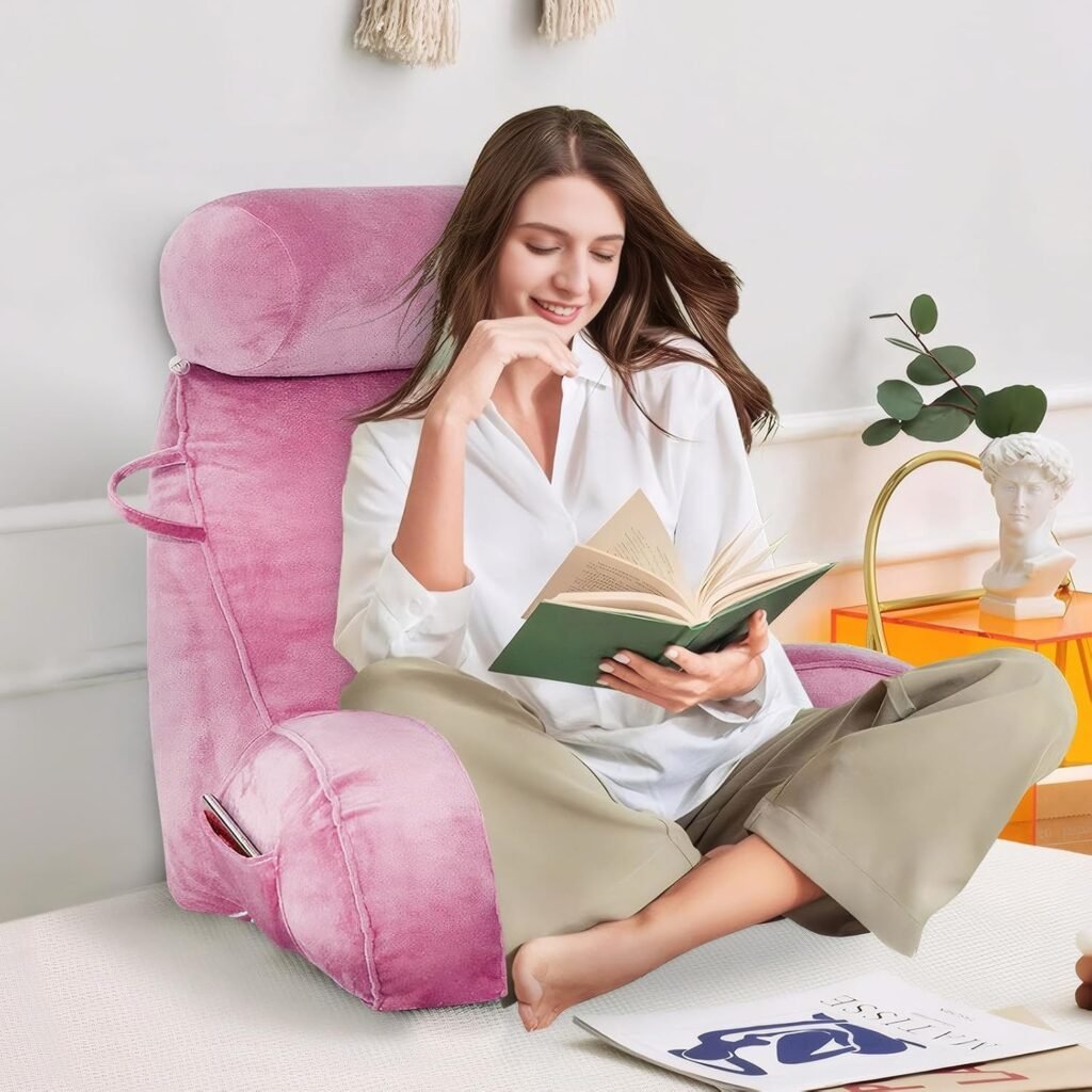 XL leeskussen met traagschuim rugsteun en afneembare nekrol voor bed en bank, 65 x 75 cm, roze