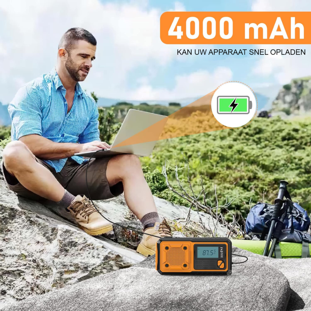 Opwindbare noodradio met zonnepaneel, 4000mAh powerbank, SOS alarm, zaklamp en telefoon opladen voor camping en outdoor gebruik